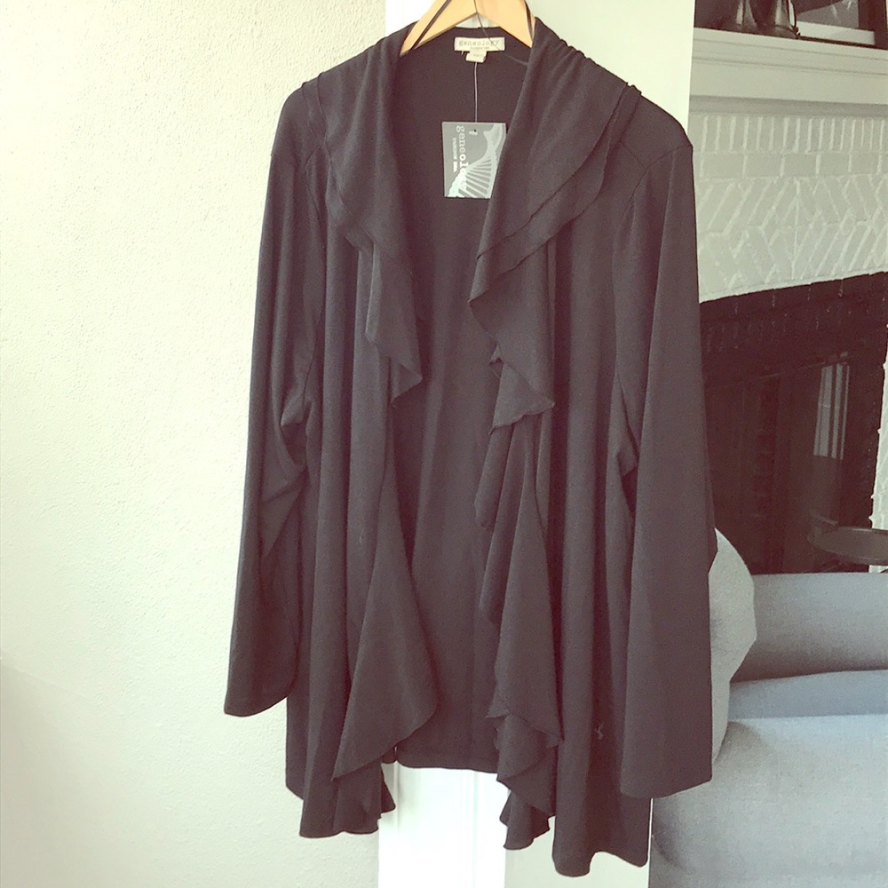 Ruffled open front jersey cardigan.